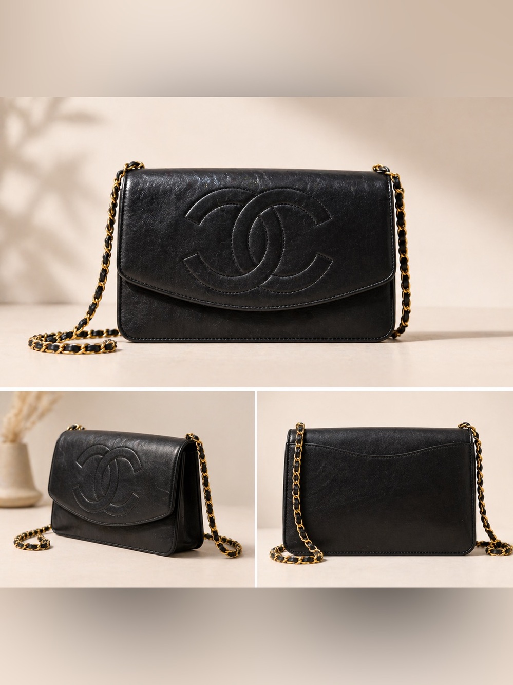 Chanel Caviar WOC vintage lambskin crossbody purse with gold chain.